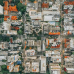 An aerial photograph of a dense urban neighborhood.